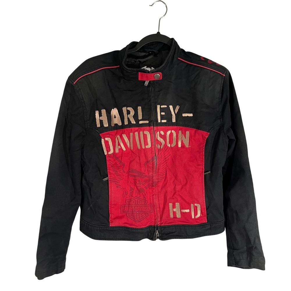 VTG Y2K Harley Davidson Motorcycle Jacket Size L Black Red Biker Moto Spellout
